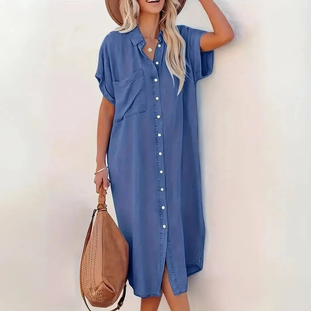 Women's relaxed-fit denim midi dress in light blue, button-up front, breathable cotton everyday style