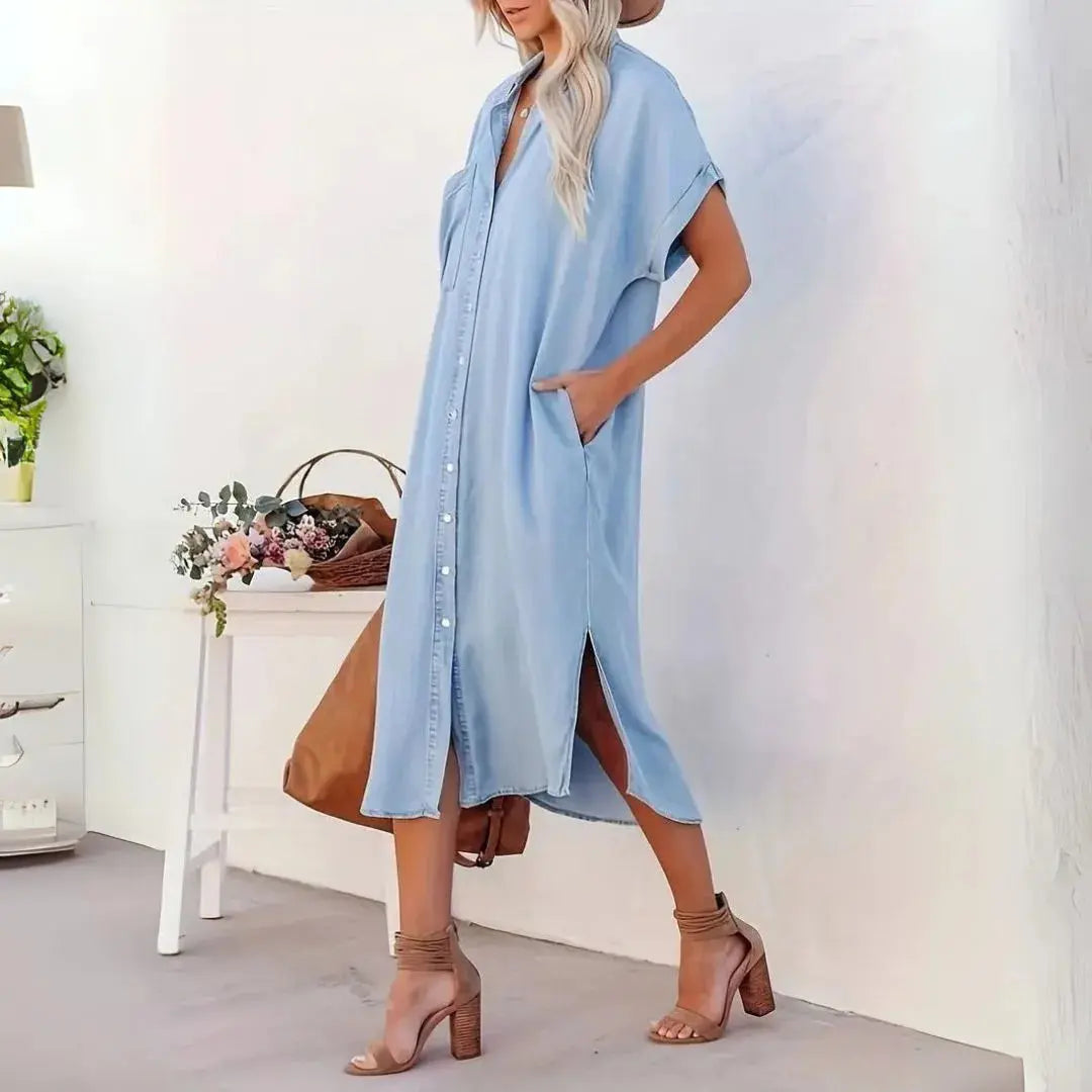 Women's relaxed-fit denim button-up midi dress in light blue wash, breathable cotton vintage silhouette