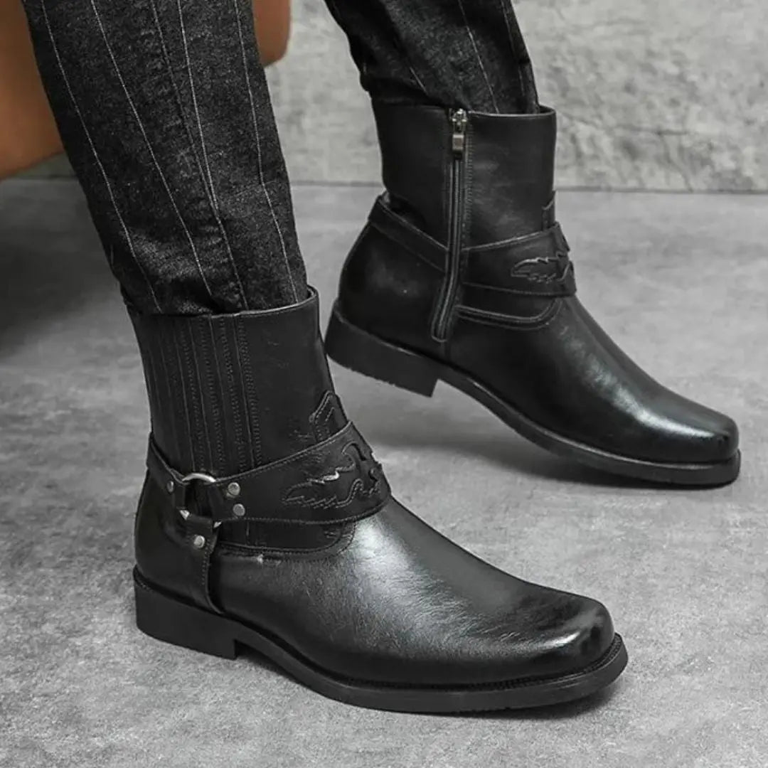 Brown faux leather western boots with bold strap detail, vintage-inspired silhouette for streetwear