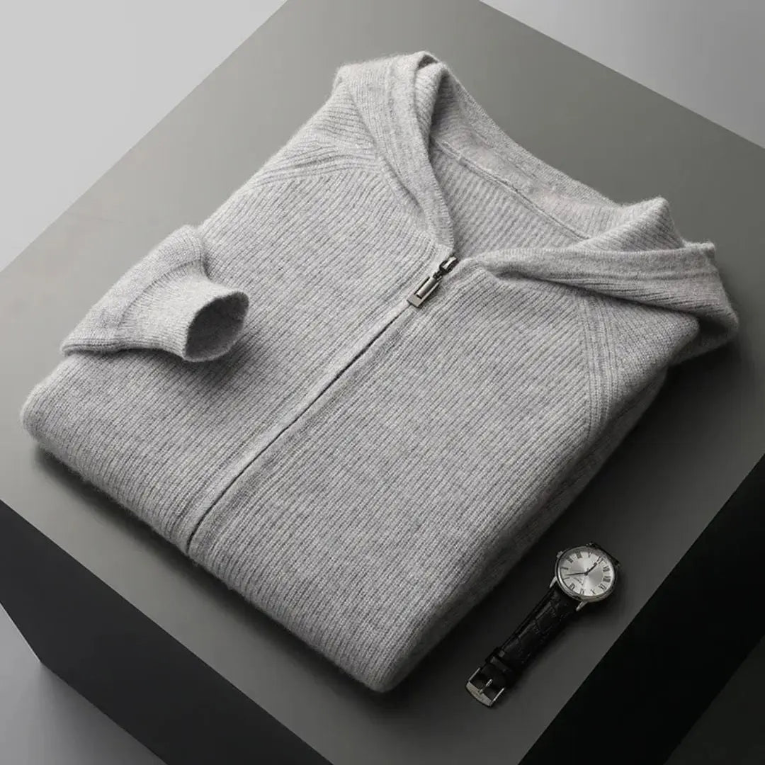 Men's gray zip cashmere cardigan slim minimalist cut with full-length zipper temperature-regulating fabric