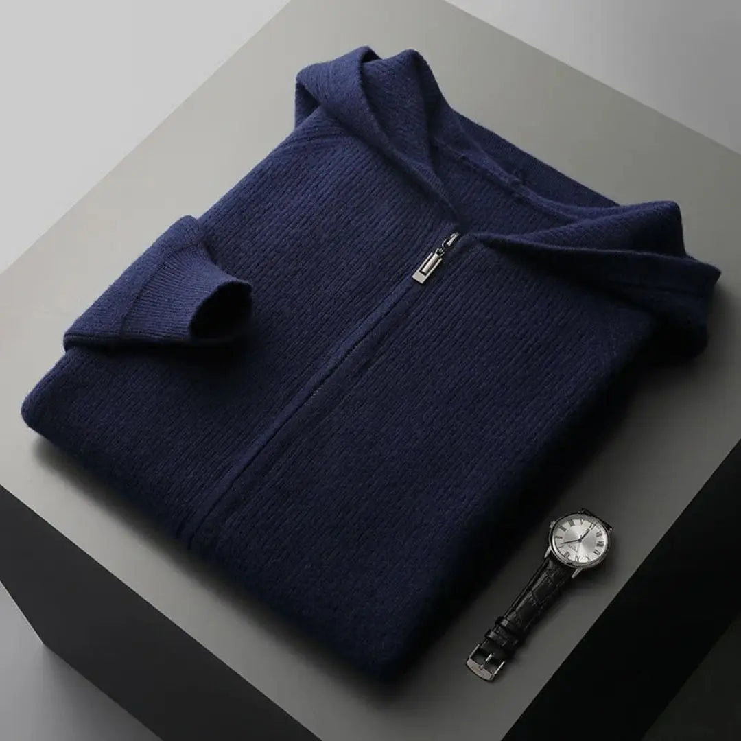 Men's gray zip-front cashmere cardigan with minimalist design and temperature-regulating fabric