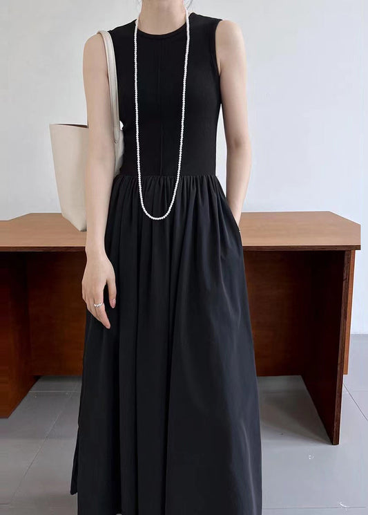 Robe longue en coton patchwork noire sans manches - Urbann-Vibe