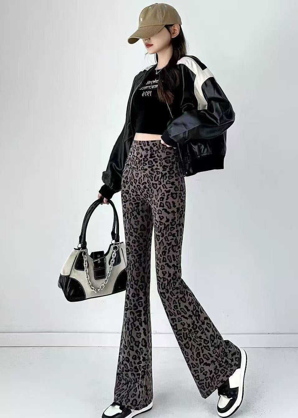 Pantalon évasé gainant à imprimé léopard marron Slim Fit pour l'automne - Urbann-Vibe
