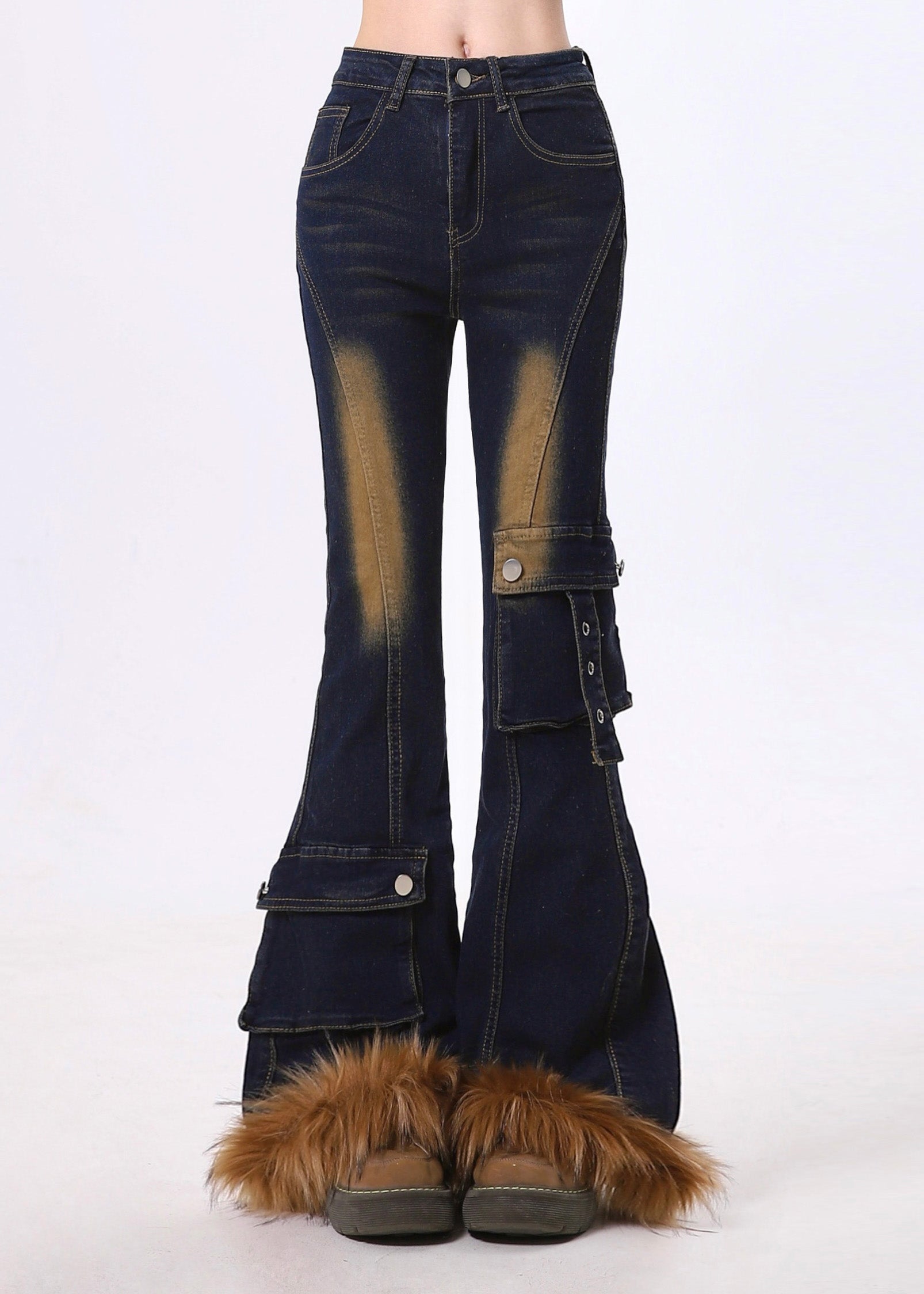 Pantalon évasé en coton et fausse fourrure bleu marine, coupe ajustée, printemps - Urbann-Vibe