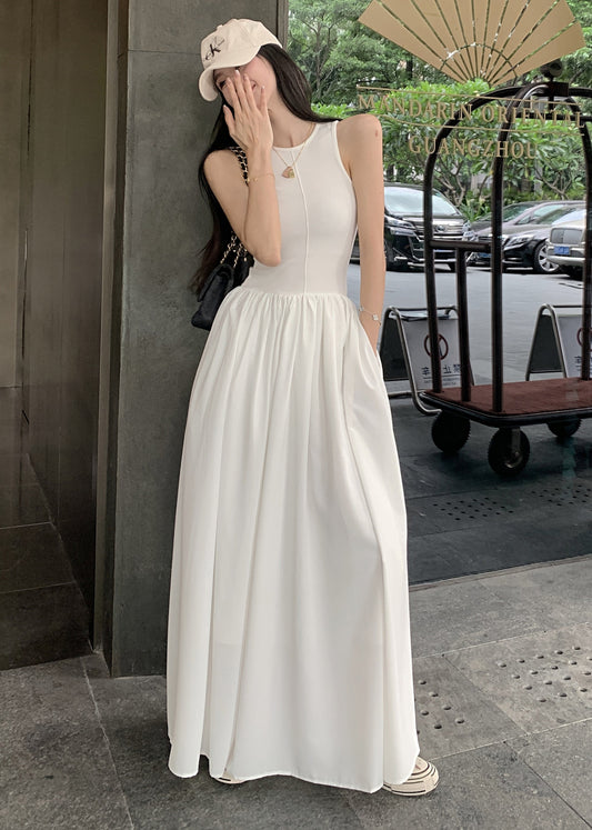 Robe de vacances en coton patchwork blanc coupe slim sans manches - Urbann-Vibe