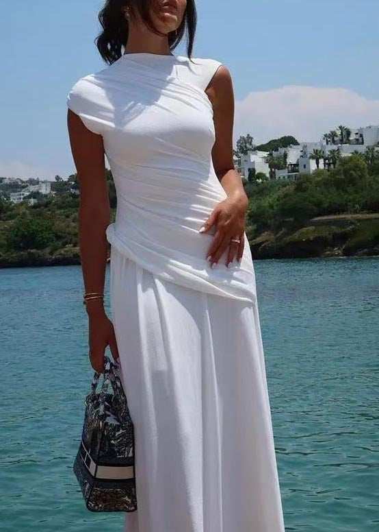 Robe portefeuille en coton froissé blanc patchwork, coupe ajustée, sans manches - Urbann-Vibe