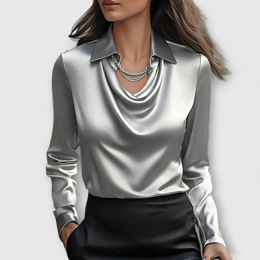 Scarlett satin blouse women draped cowl neck slim fit glossy sheen workwear versatile
