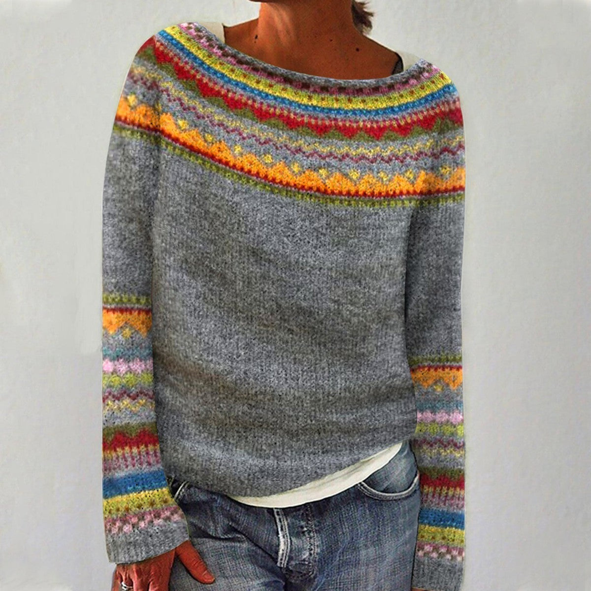 Women's retro knitted sweater with vibrant multicolor stripes, relaxed fit, cozy everyday style