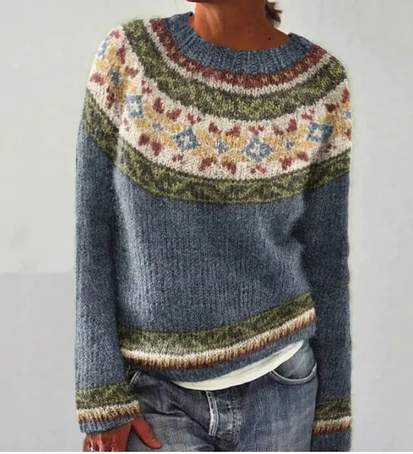 Women's retro knitted sweater in vibrant multicolor stripes, relaxed fit with cozy ribbed texture