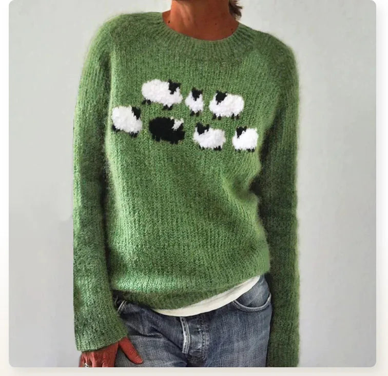 Women's retro knitted sweater with vibrant multicolor stripes, relaxed fit, cozy everyday style