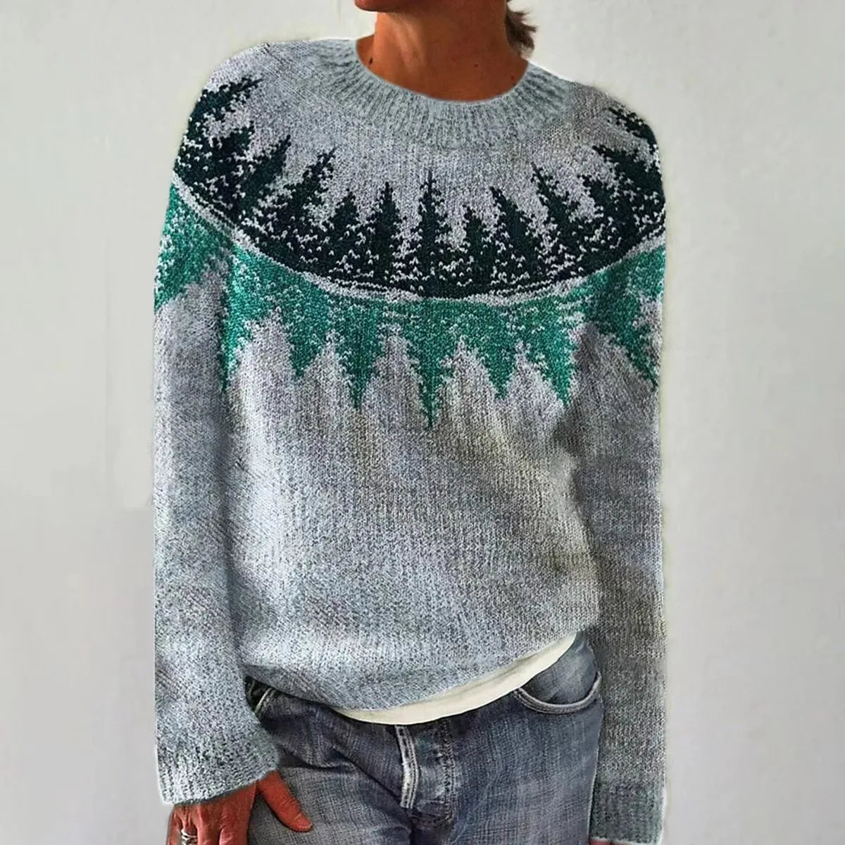 Women's retro knitted sweater with vibrant multicolor stripes, relaxed cozy fit for everyday style