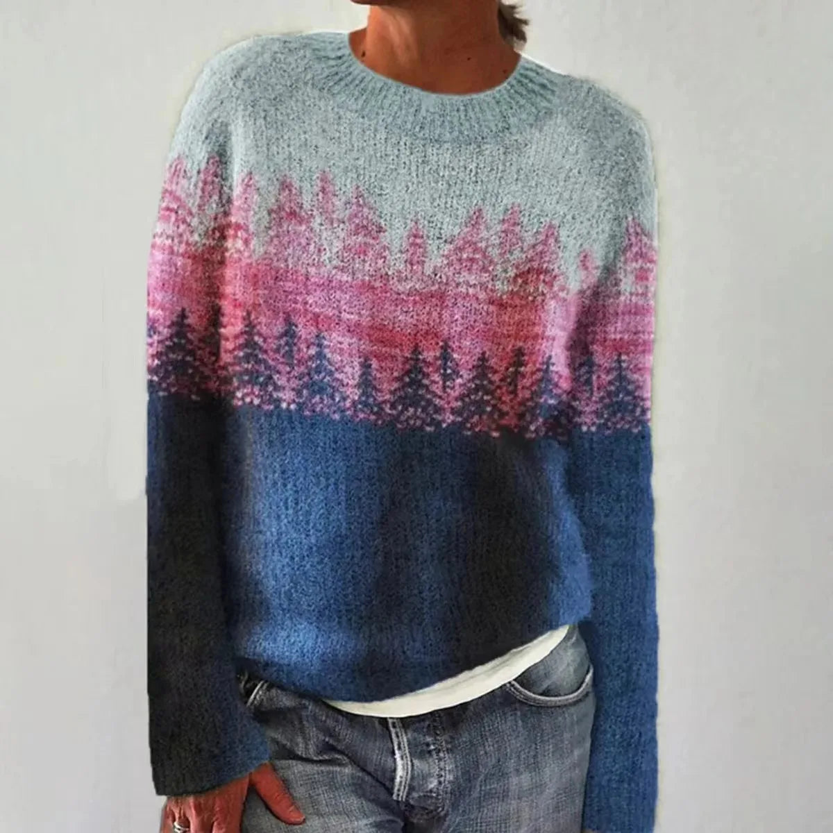 Women's retro knitted sweater in vibrant multicolor stripes, relaxed fit with cozy ribbed texture