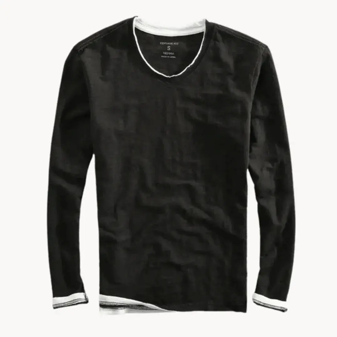 White cotton long sleeve V-neck shirt contrast trim layered hem modern tailored fit