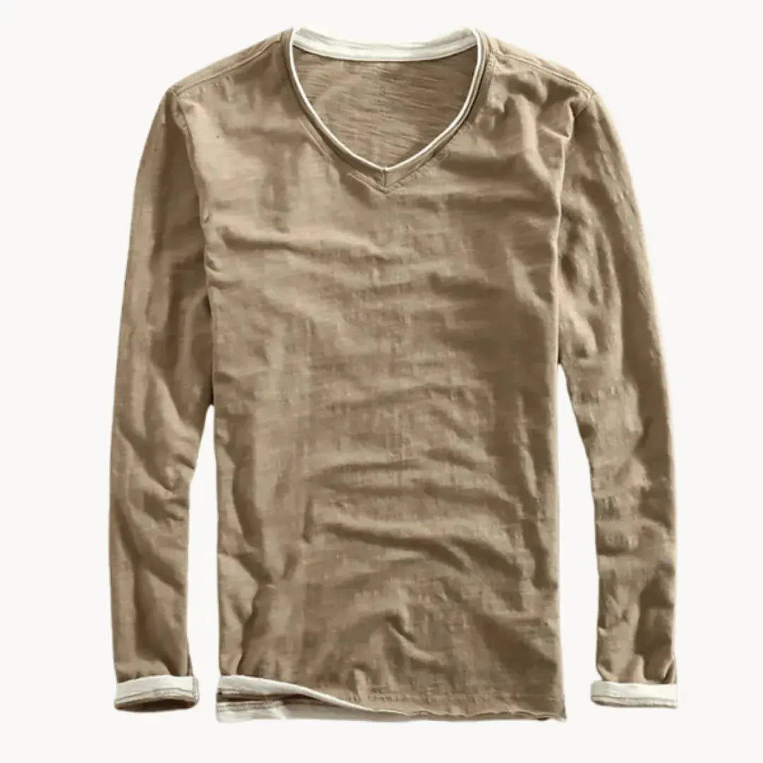 White cotton long sleeve shirt contrast trim V-neck layered hem tailored fit modern professional