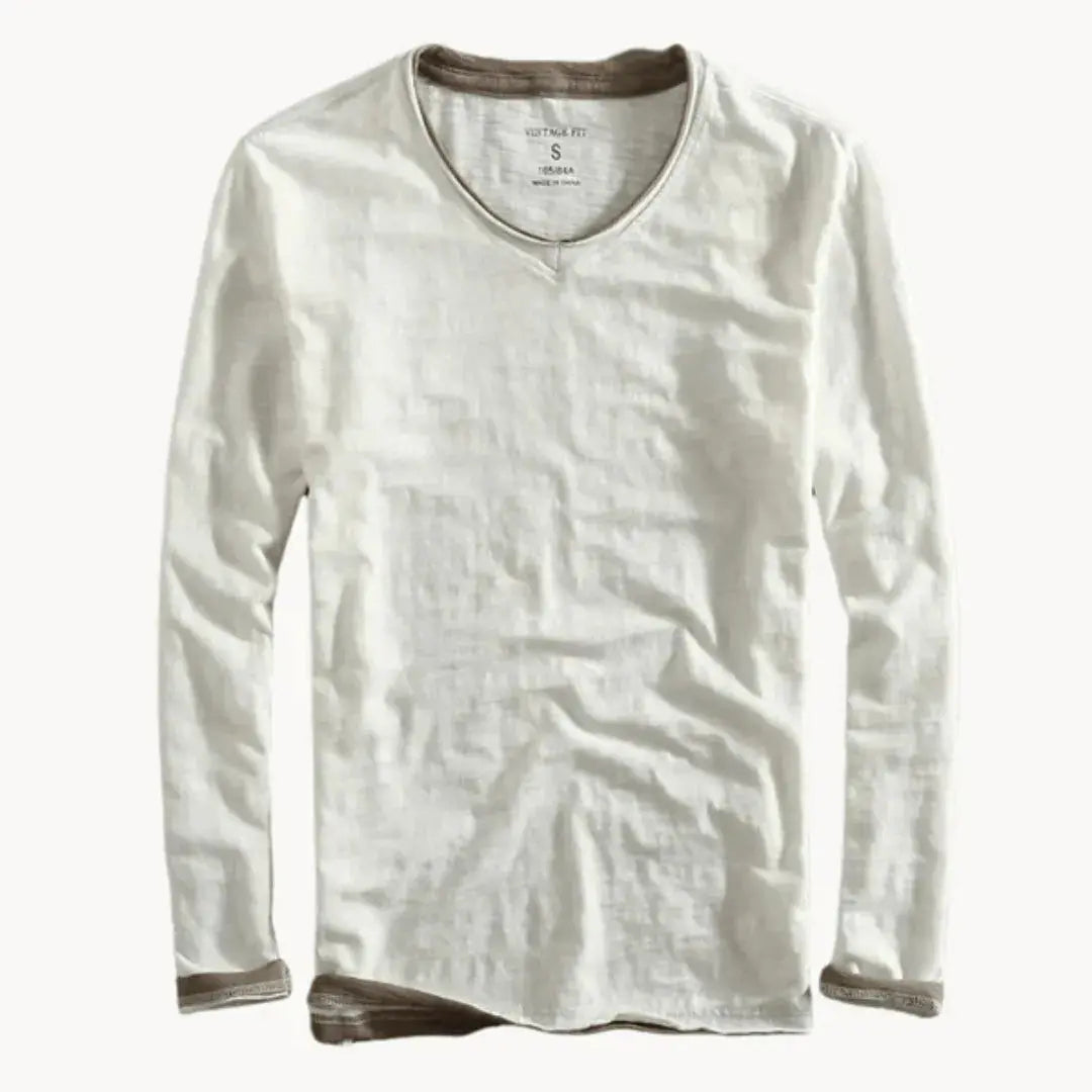 White cotton long sleeve V-neck shirt contrast trim layered hem modern professional fit