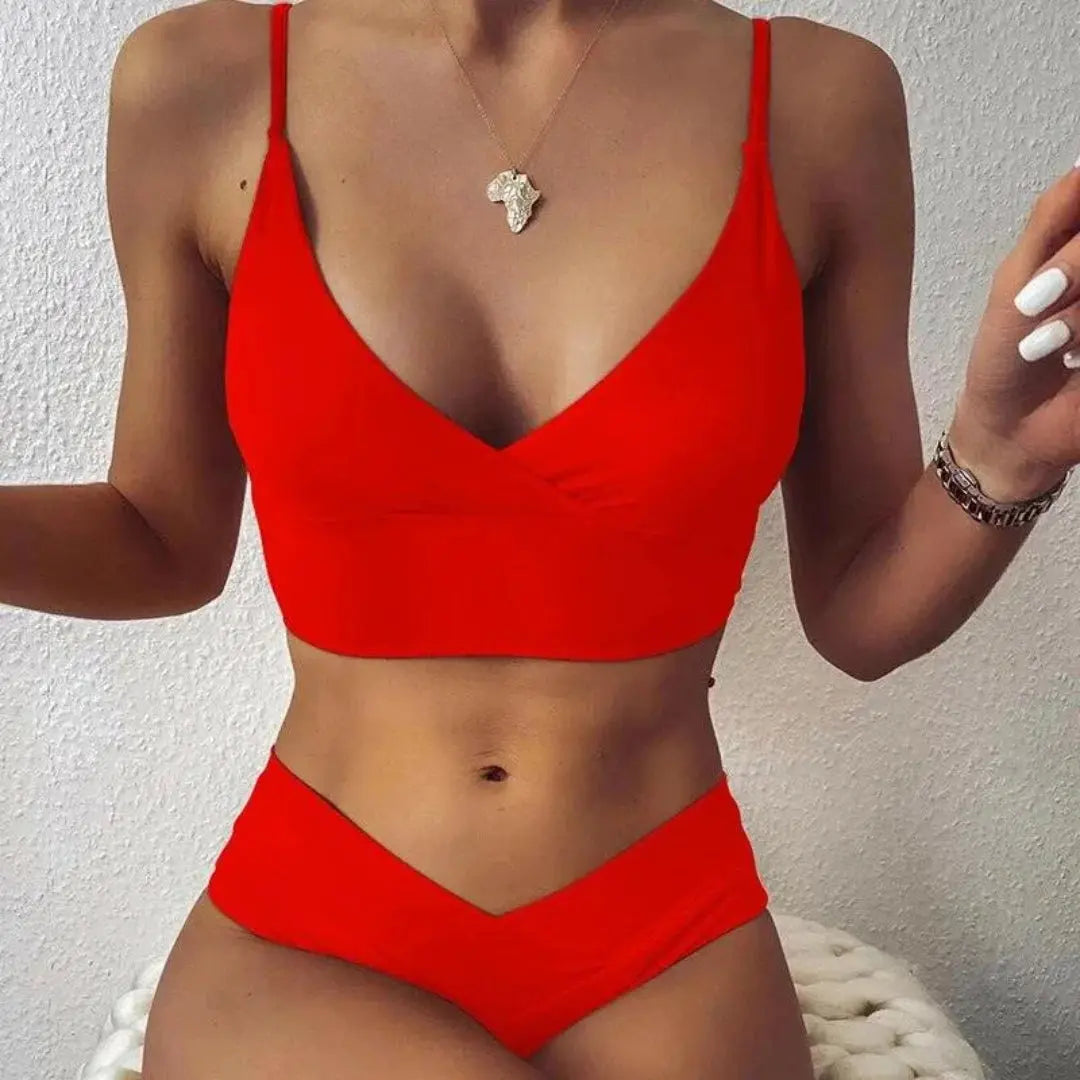Simone push-up V-cut high waist bikini set, wrap-style top with tummy-slimming coverage