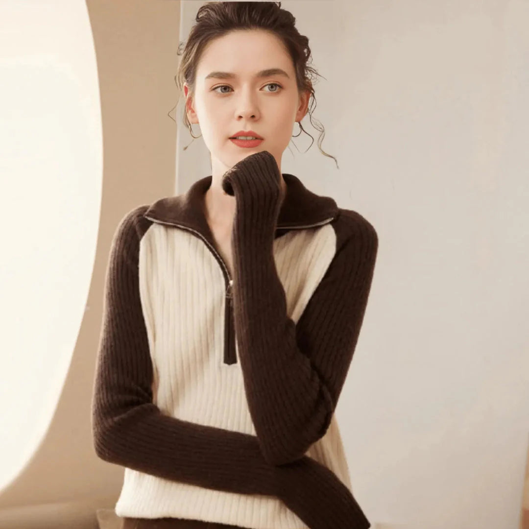 Women's beige cashmere half-zip sweater with contrast sleeves, cozy two-tone knit layering essential