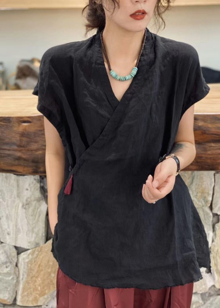 Haut noir simple à col en V et manches courtes avec pompons et ceinture nouée - Urbann-Vibe