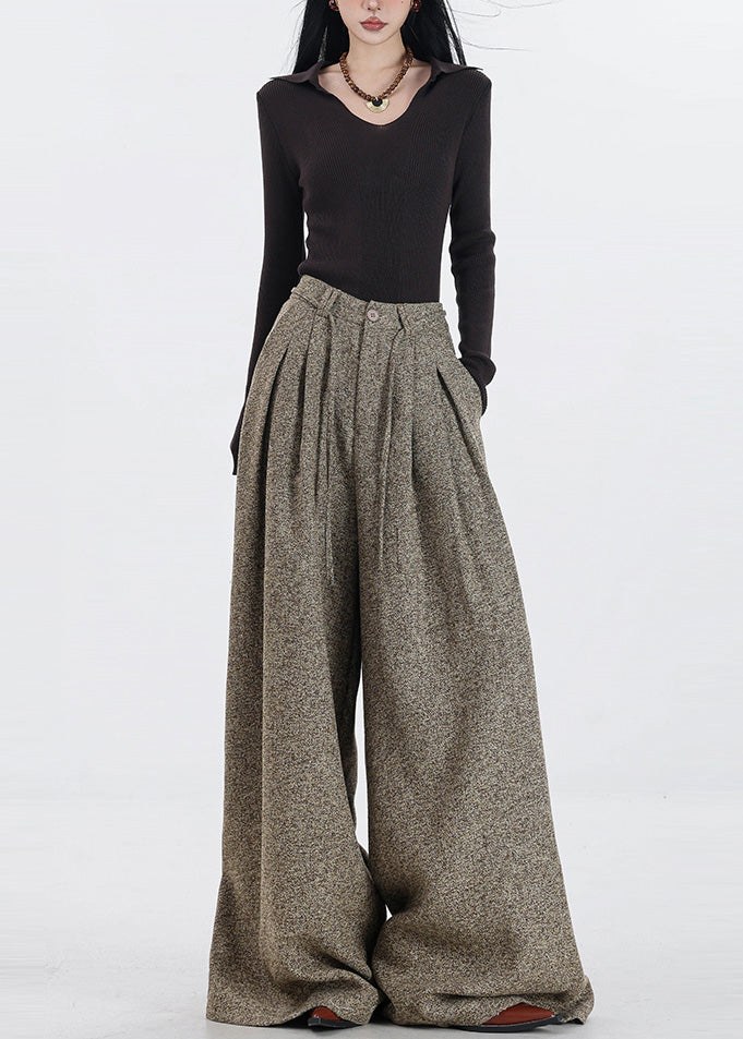 Pantalon large taille haute en laine kaki simple pour le printemps - Urbann-Vibe