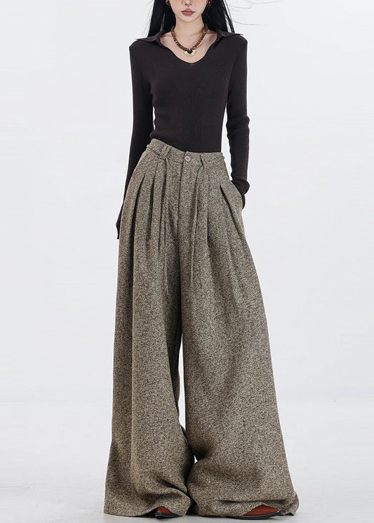 Pantalon large taille haute en laine kaki simple pour le printemps - Urbann-Vibe