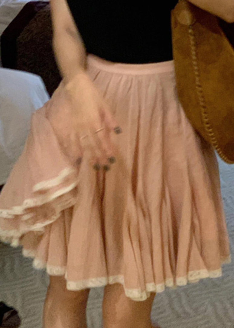 Jupe trapèze simple en dentelle rose patchwork pour l'été - Urbann-Vibe
