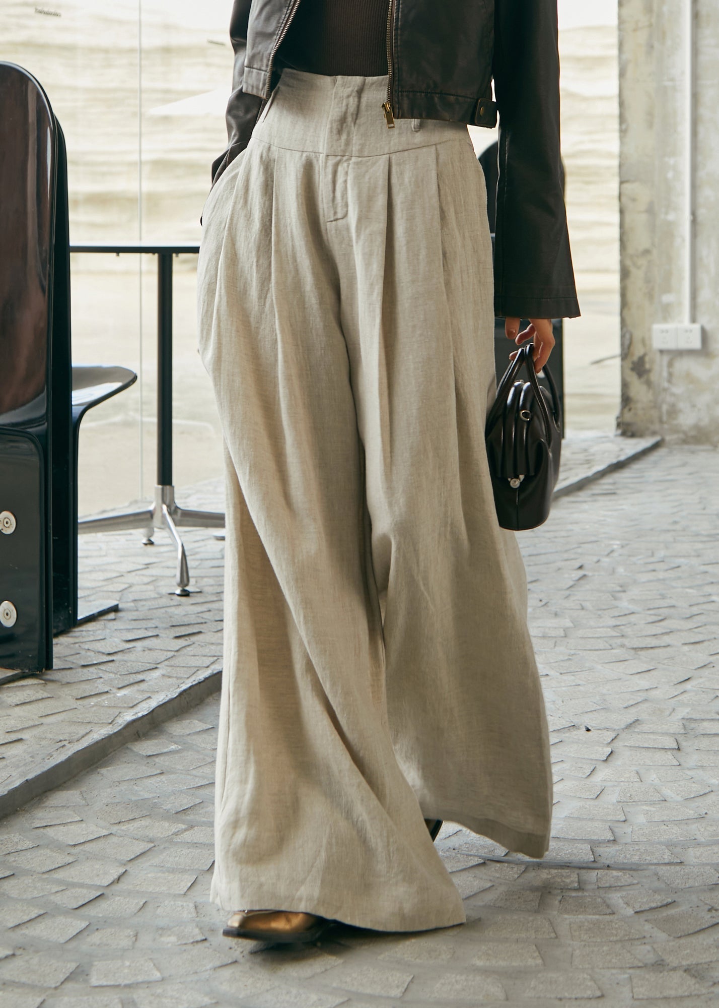 Pantalon large taille haute en lin de style simple pour l'automne - Urbann-Vibe