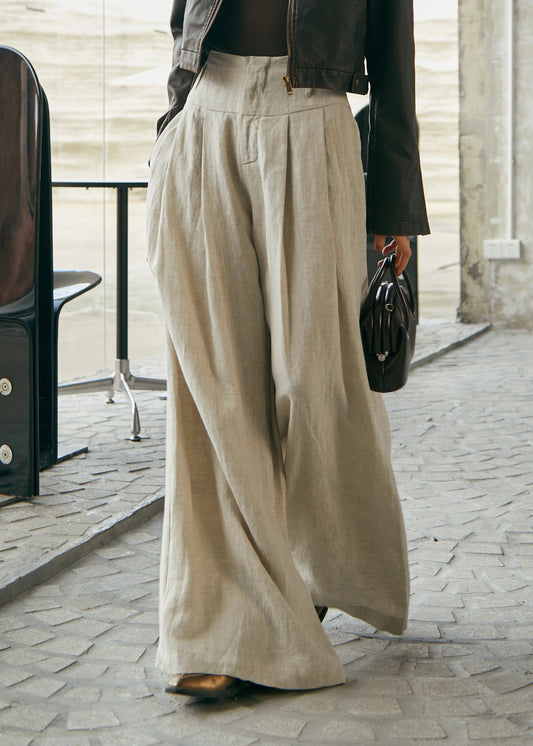 Pantalon large taille haute en lin de style simple pour l'automne - Urbann-Vibe