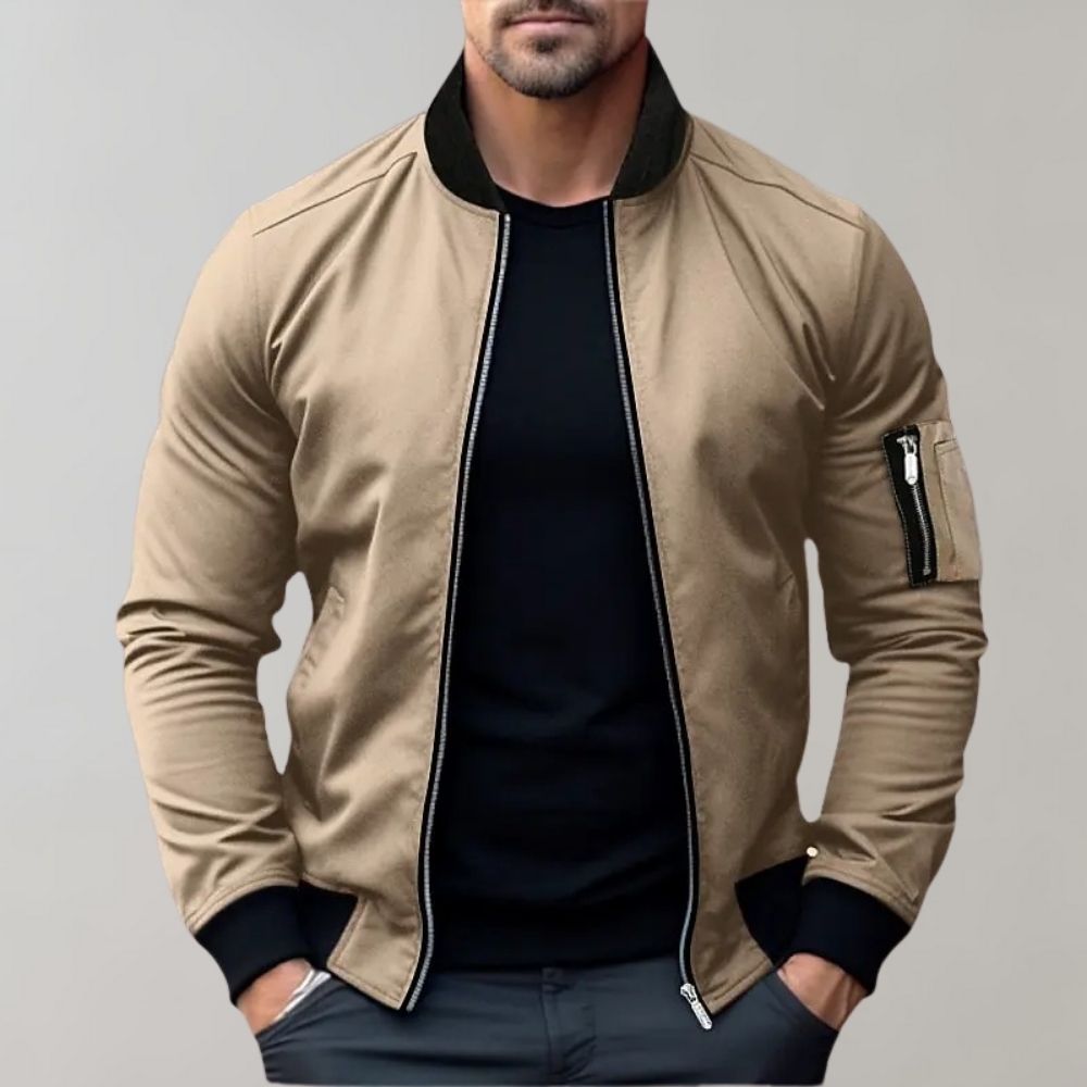 Men's lightweight winter bomber jacket with full-length zipper, sleeve pocket, breathable everyday layer