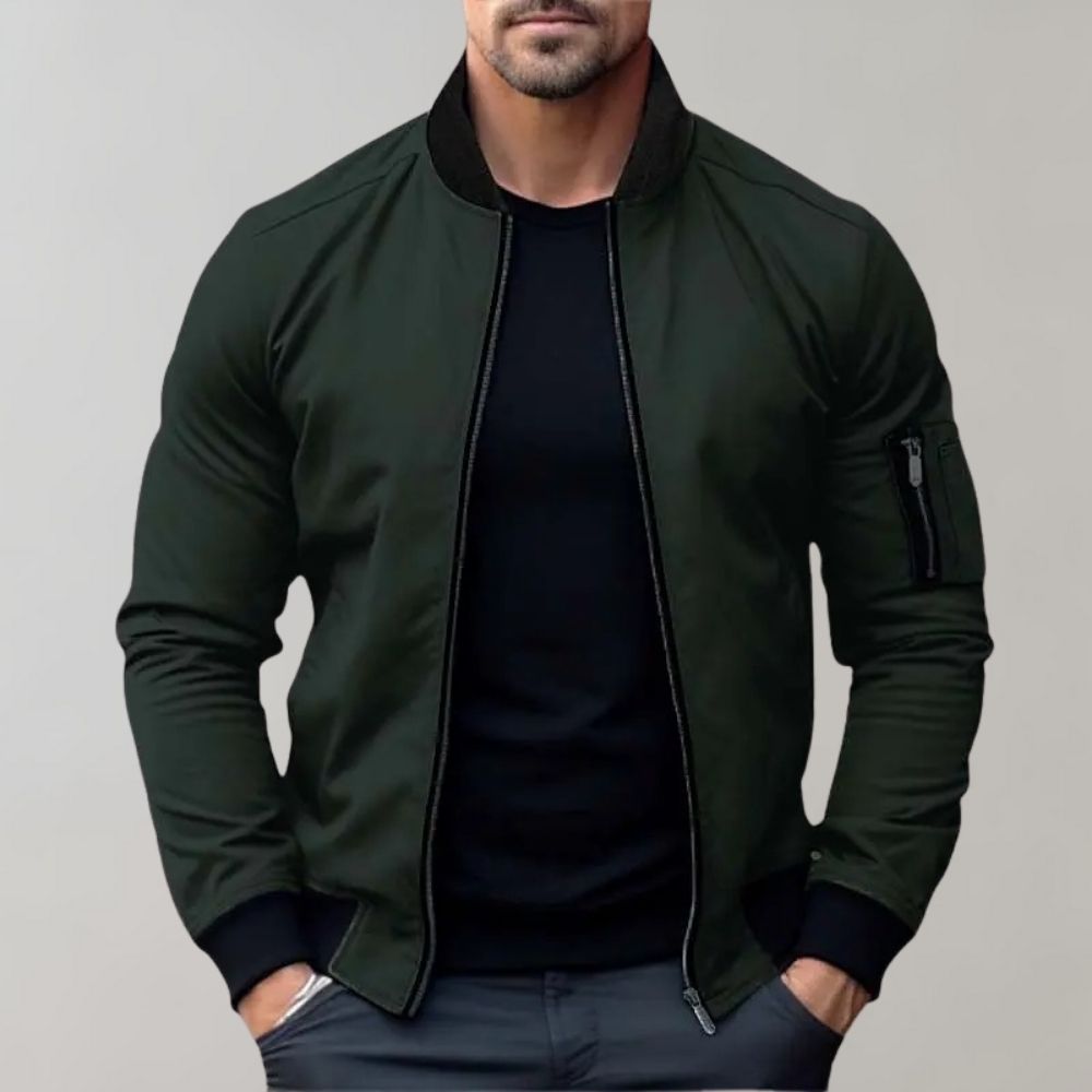 Men's lightweight winter bomber jacket with full-length zipper and sleeve pocket for everyday layering
