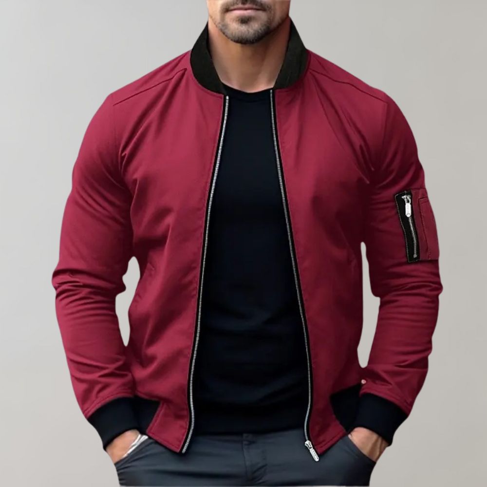 Men's lightweight winter bomber jacket with full-length zipper and sleeve pocket for everyday layering
