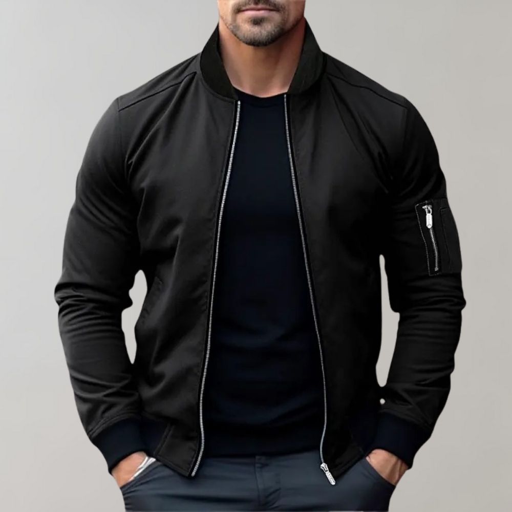 Men's slim fit zip-up bomber jacket lightweight versatile outerwear with clean modern silhouette