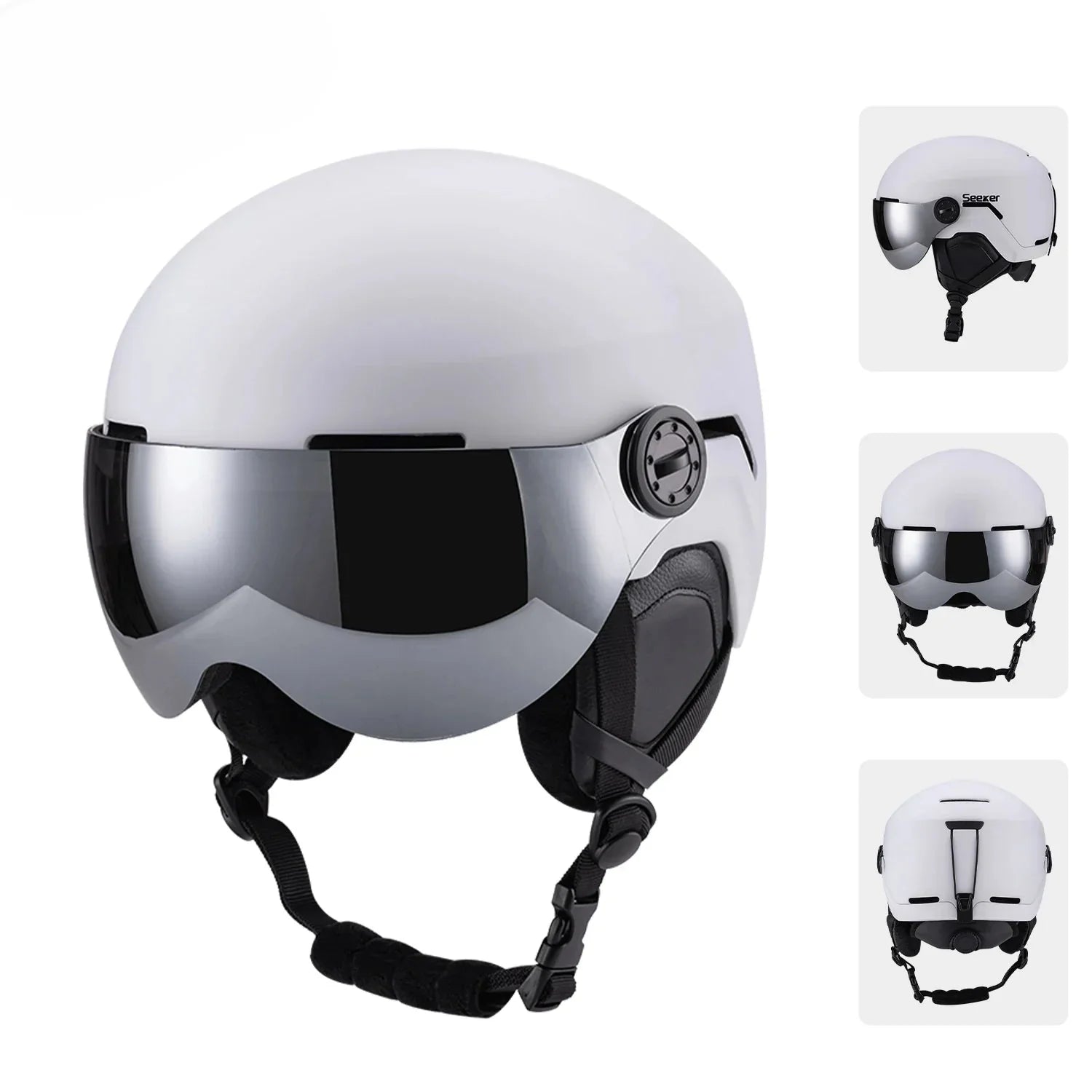 Matte black ski helmet with integrated anti-fog visor, windproof design for cold weather slopes