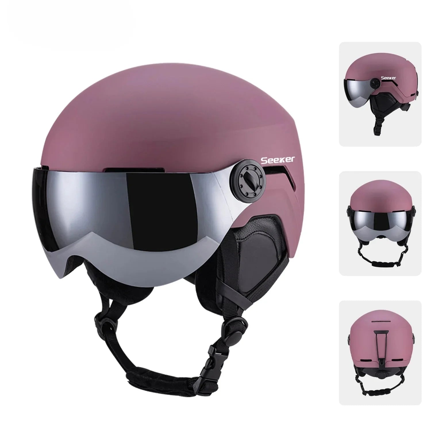 Black ski helmet with integrated anti-fog visor, windproof design for all-level cold weather skiers