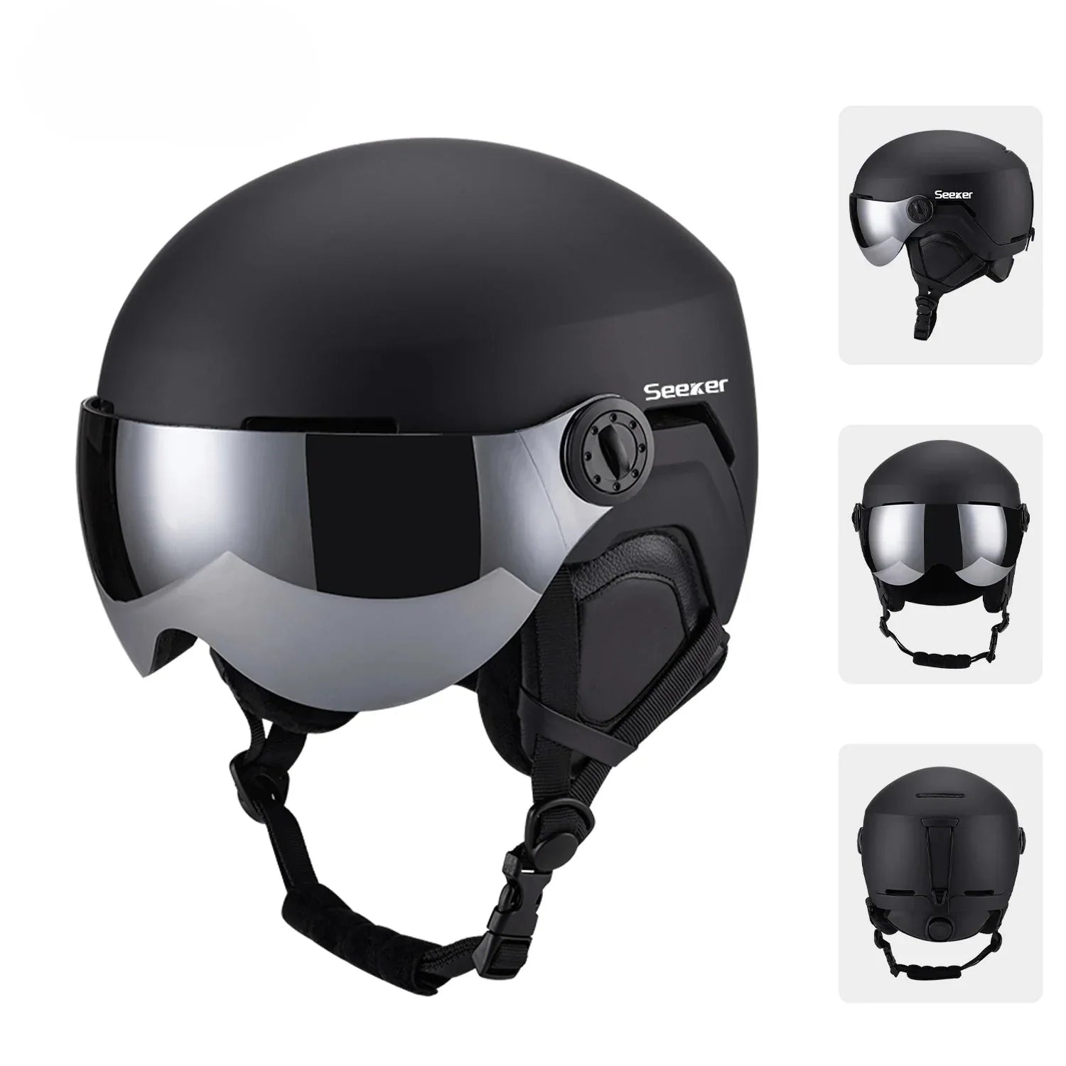 Black ski helmet with integrated visor windproof design built-in goggles for all-level cold weather skiers