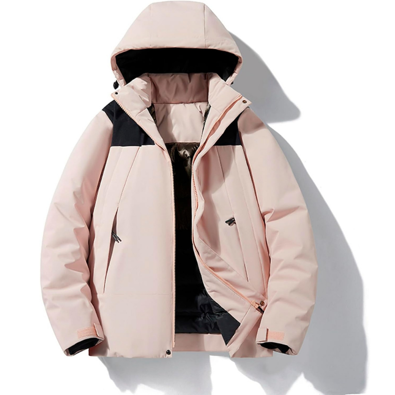 Women's hooded ski jacket with front zipper pockets, sporty fit for snow sports and winter hiking