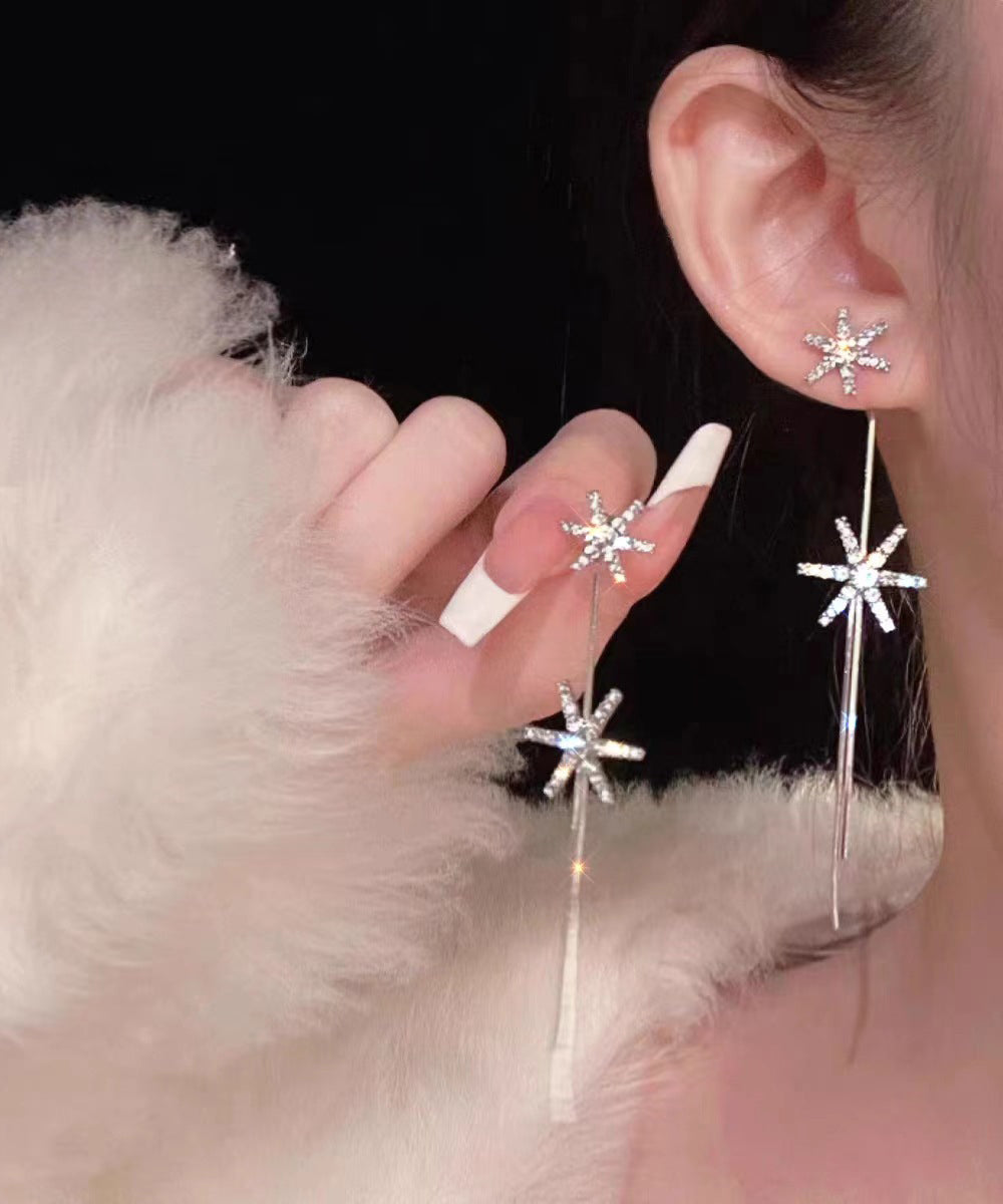 Boucles d'oreilles pendantes fines en acier inoxydable avec pampilles en forme de flocon de neige et zircon - Urbann-Vibe