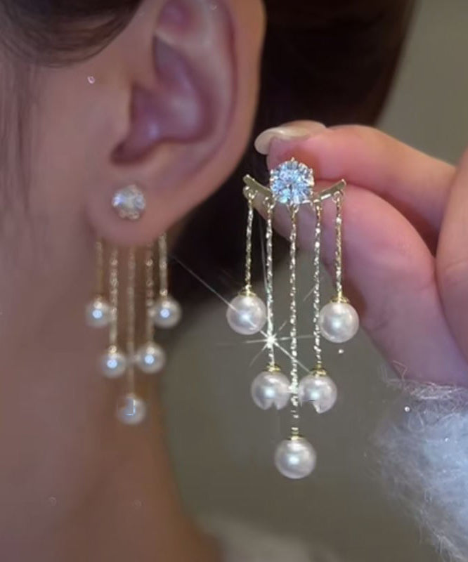 Boucles d'oreilles pendantes fines en alliage blanc avec perles de zircon - Urbann-Vibe