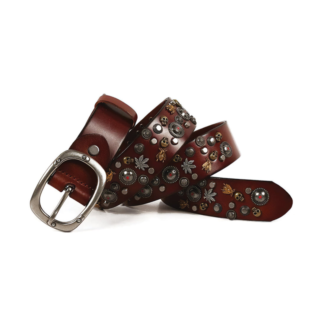 Black cowhide leather skull belt with riveted punk steel buckle, bold rebellious western style