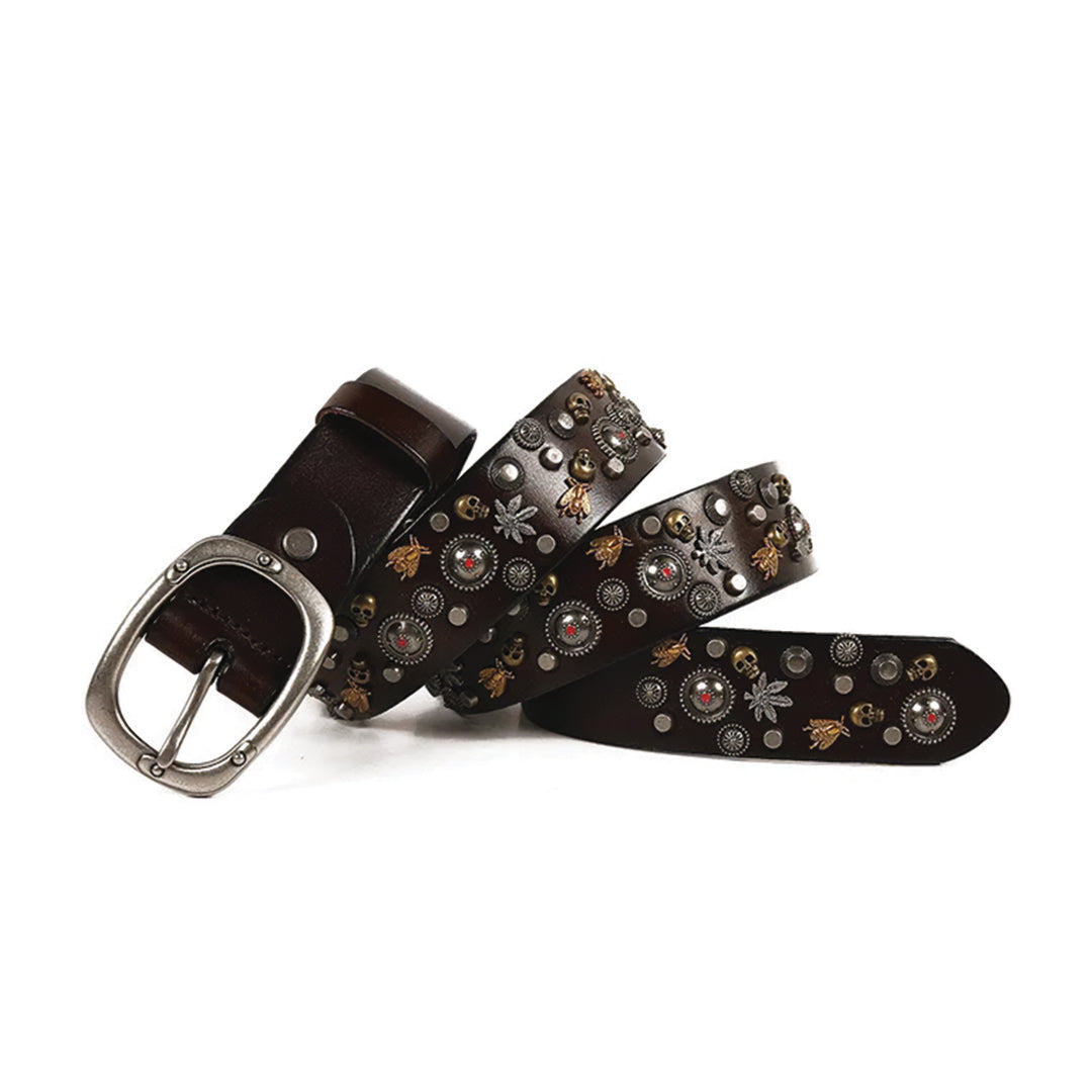 Black cowhide leather skull belt with riveted punk steel buckle, bold rebel accessory