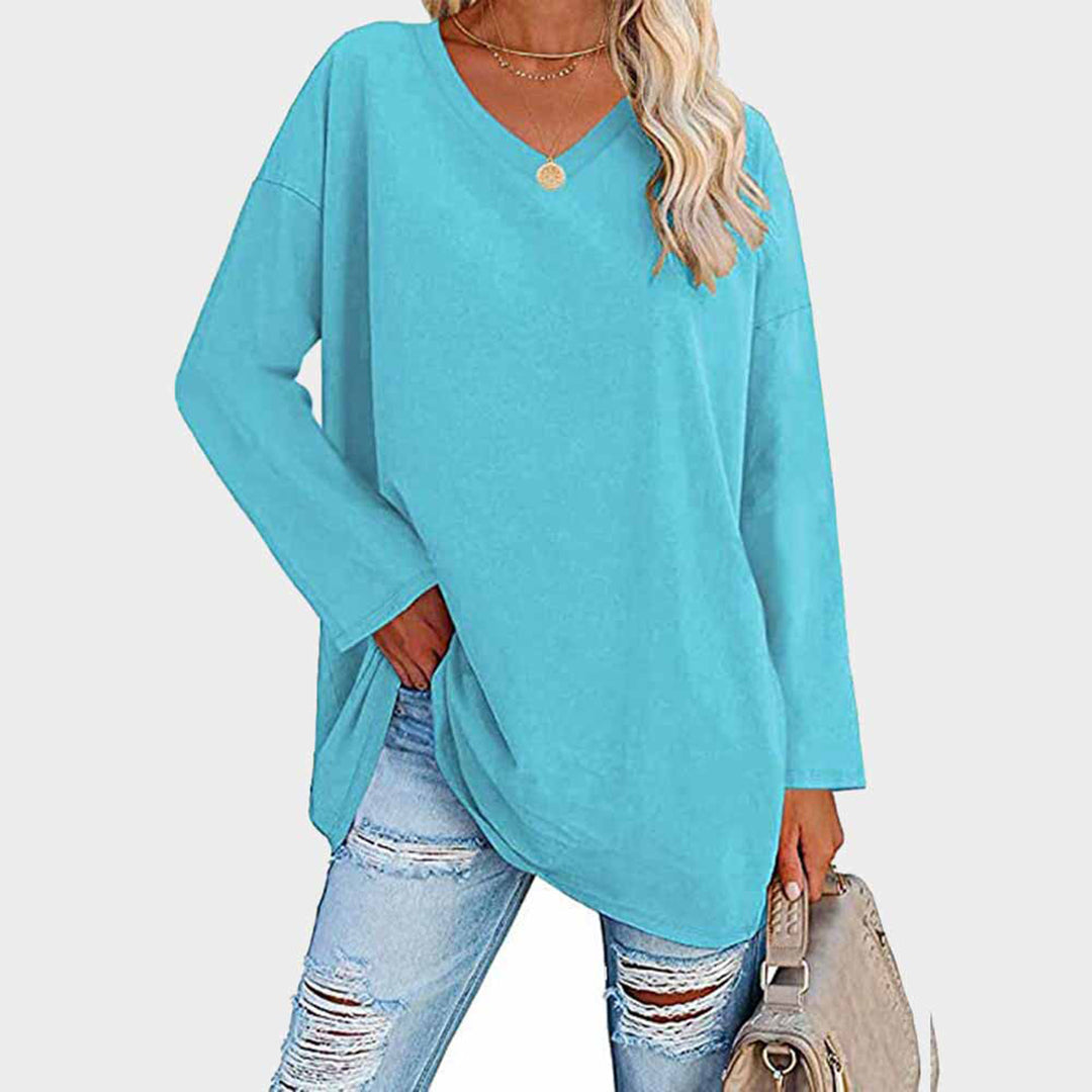 Women's casual loose fit long sleeve top in relaxed silhouette with flattering V-neckline for everyday style