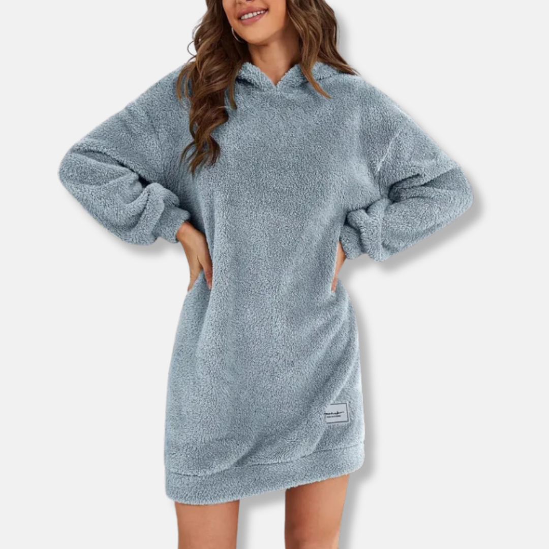 Women's oversized hoodie mini dress in plush fleece knit, cozy lounge style with soft warm texture