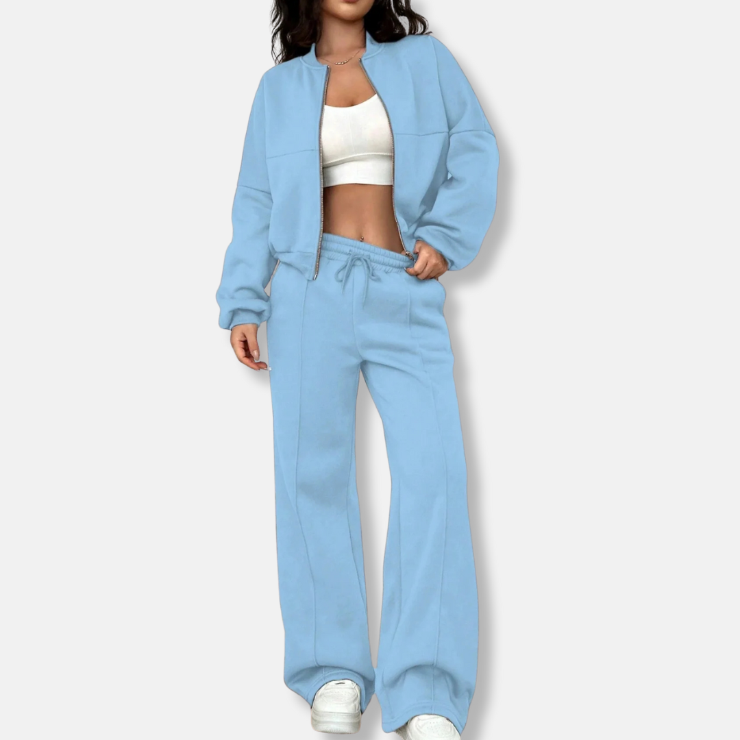 Women's two-piece loungewear set, relaxed bomber jacket with matching high-waisted wide-leg pants