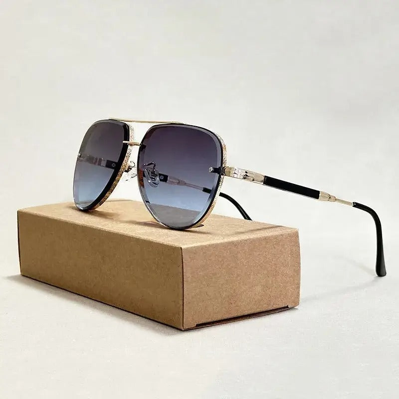 Aviator sunglasses gold etched detailing gradient lenses UV400 protection sleek luxe trendsetter style