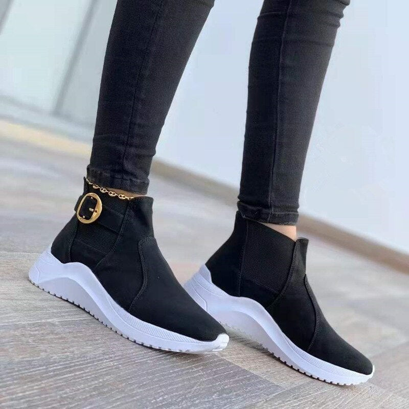 Women's black faux leather platform ankle boots slip-on with decorative buckle strap