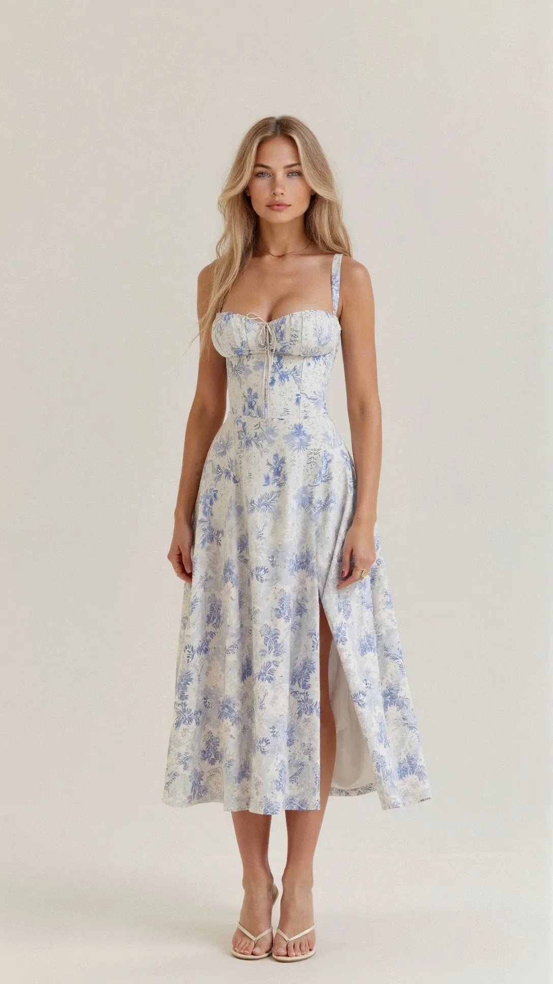 Women's sleeveless midi dress in Ava with adjustable drawstring chest, lightweight casual summer style