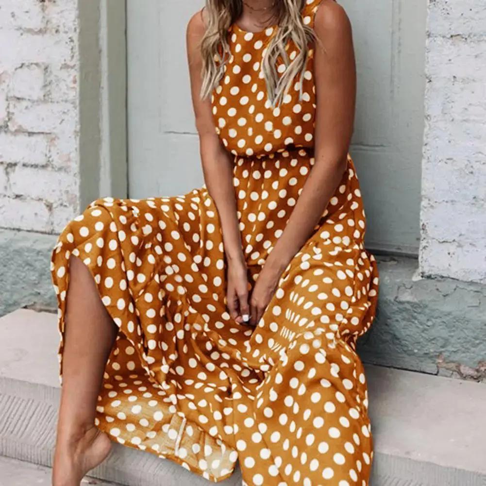 Women's sleeveless polka dot maxi dress, relaxed flowing silhouette with vintage-inspired allover print