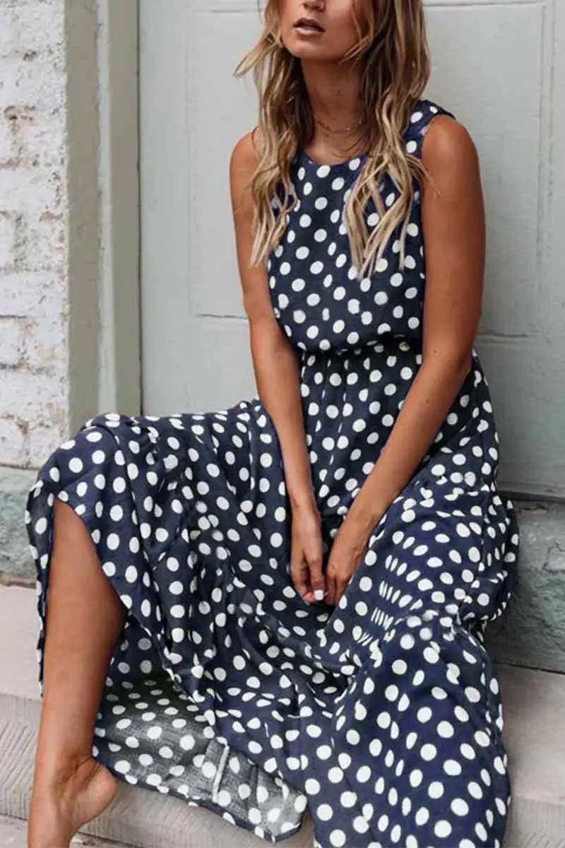 Women's sleeveless polka dot maxi dress, flowing relaxed fit with vintage-inspired allover print