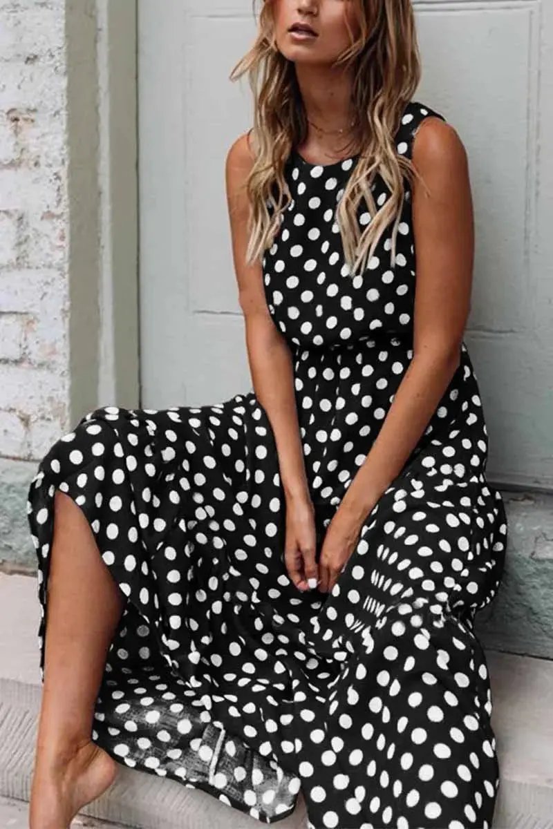 Women's sleeveless polka dot maxi dress, relaxed flowing silhouette with vintage-inspired allover print