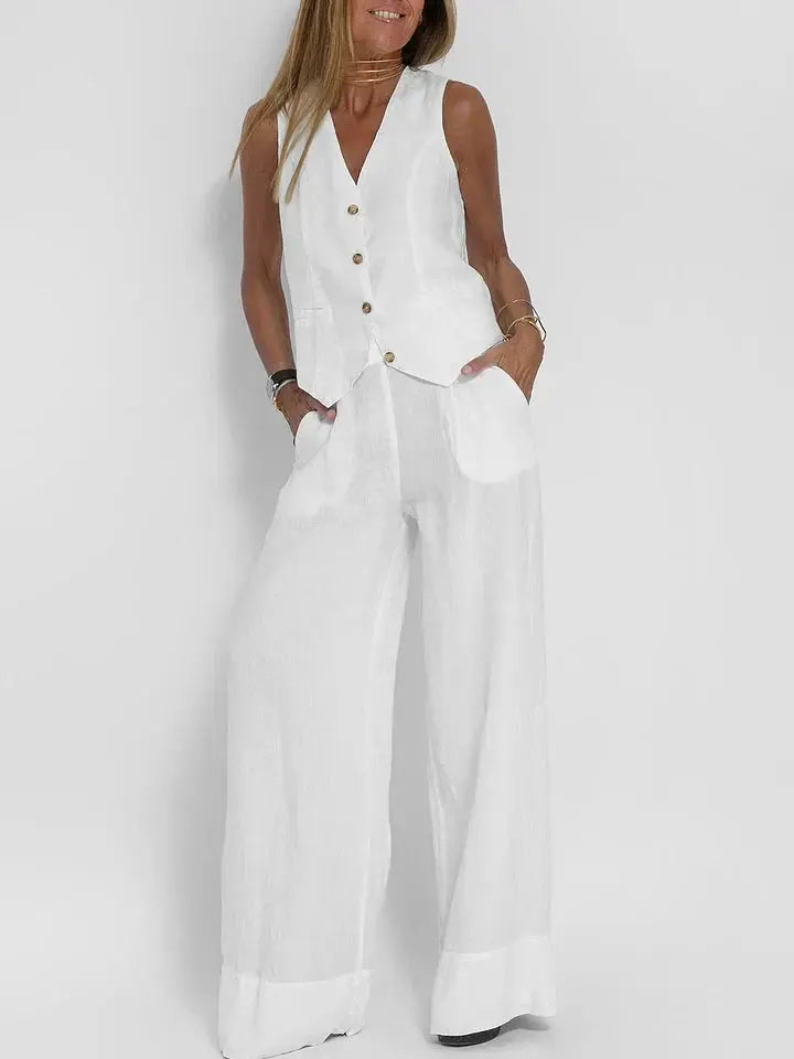 Women's sleeveless white suit set with V-neck gilet, tailored waist-defining silhouette