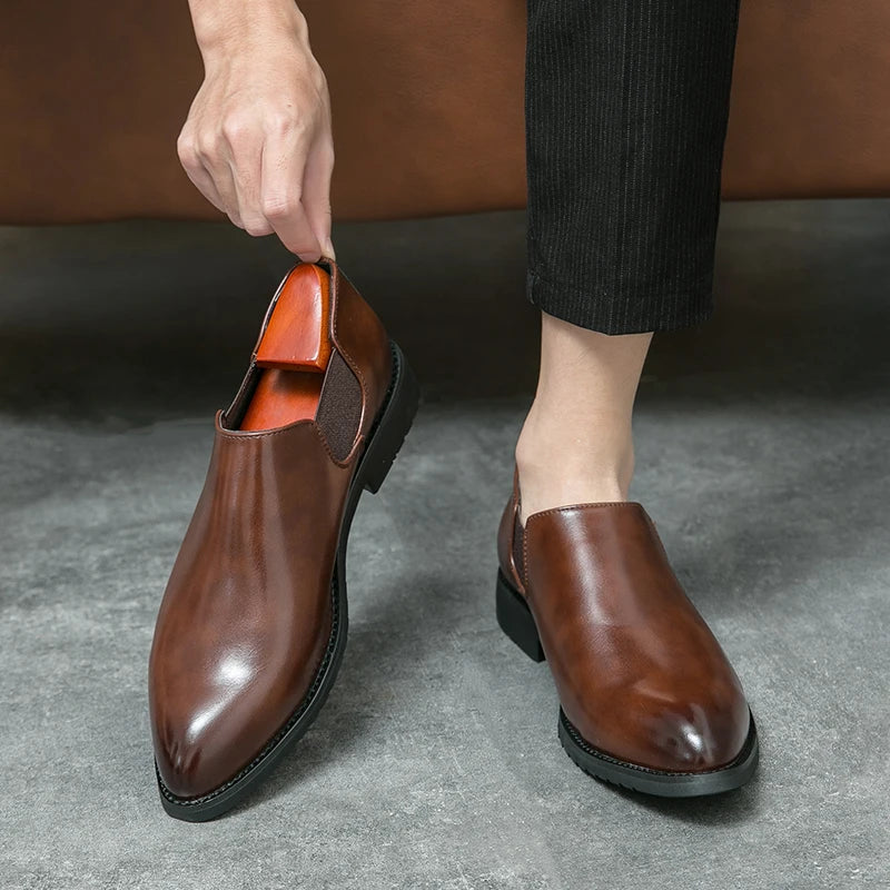 Men's genuine leather slip-on loafers in polished brown with elastic panels and almond toe